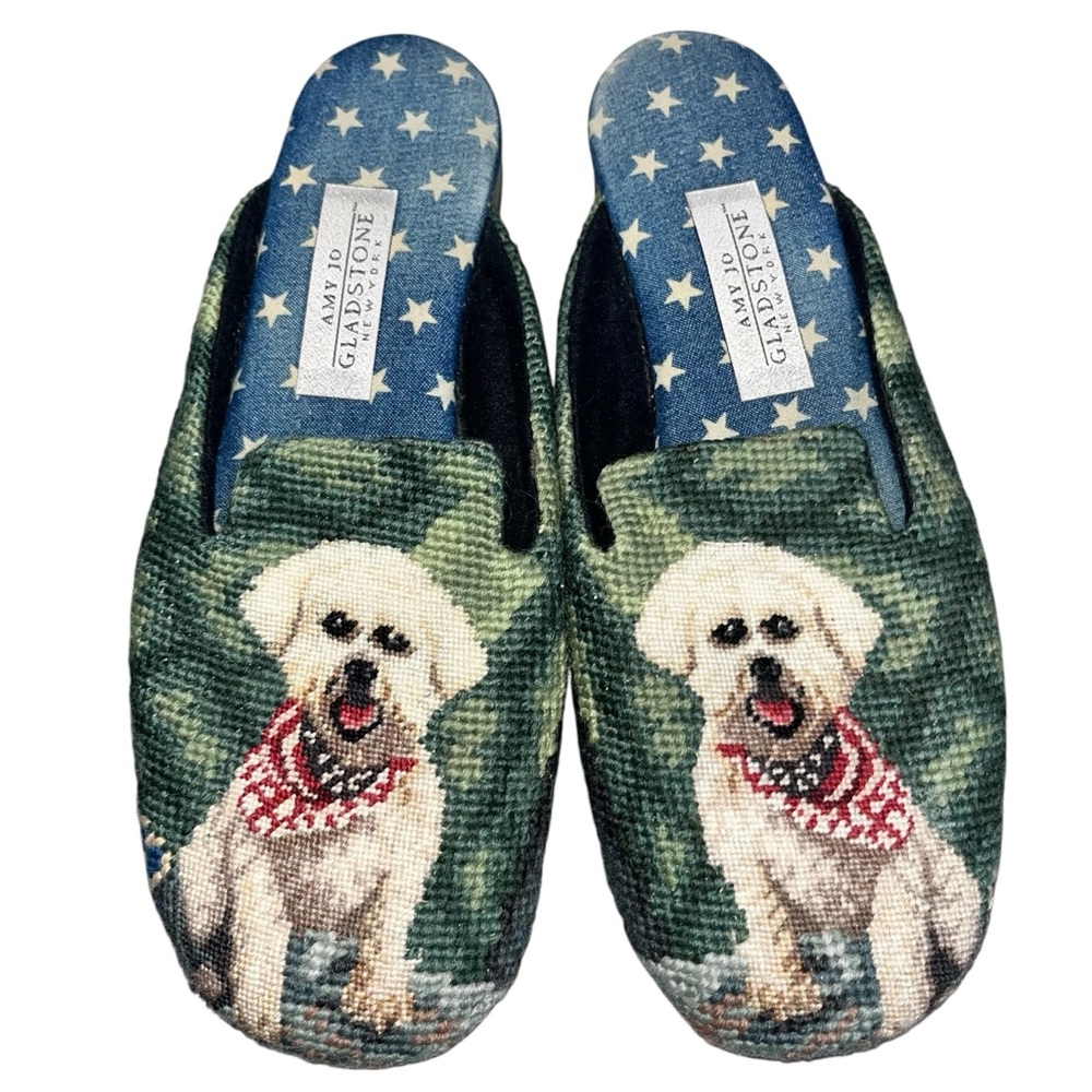 Amy Jo Gladstone Bichon Dog Needlepoint Slip On Loafers Flats Shoes size Large